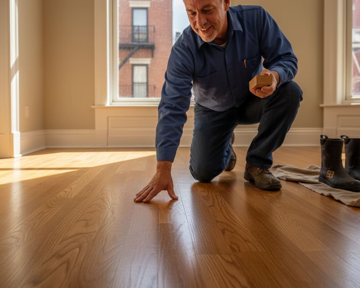 Skilled flooring technician inspecting a hardwood floor for repairs in Queens