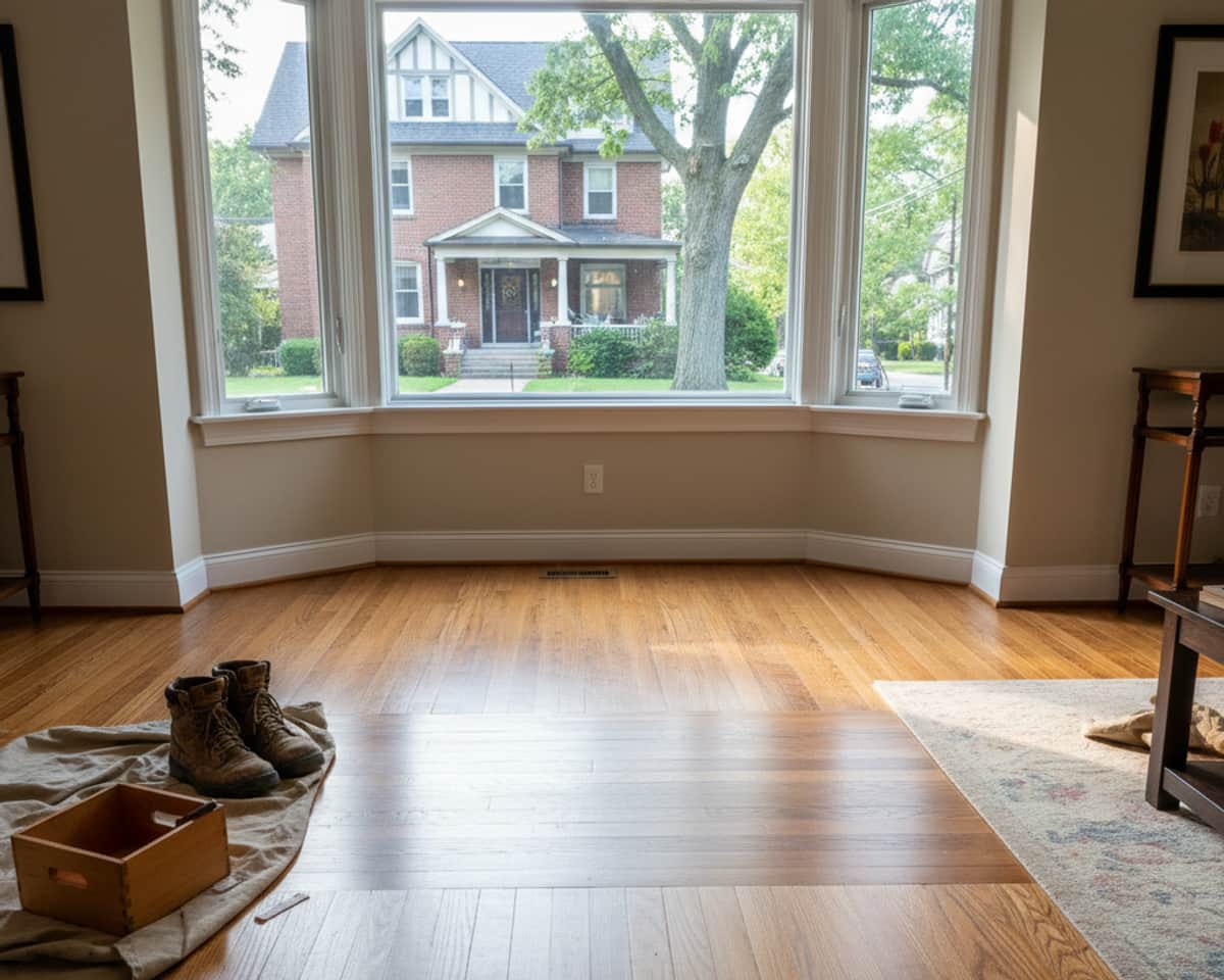 Newly repaired section of hardwood floor blending smoothly with the old flooring in a Staten Island residence.