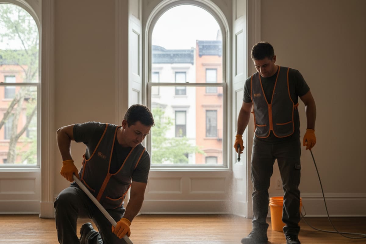 Professional cleaning solutions being applied to a hardwood floor during a maintenance service.