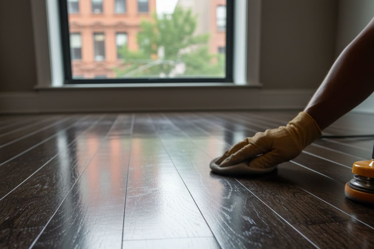 Close-up of a dark-stained, freshly refinished hardwood floor showcasing its deep color and smooth texture.