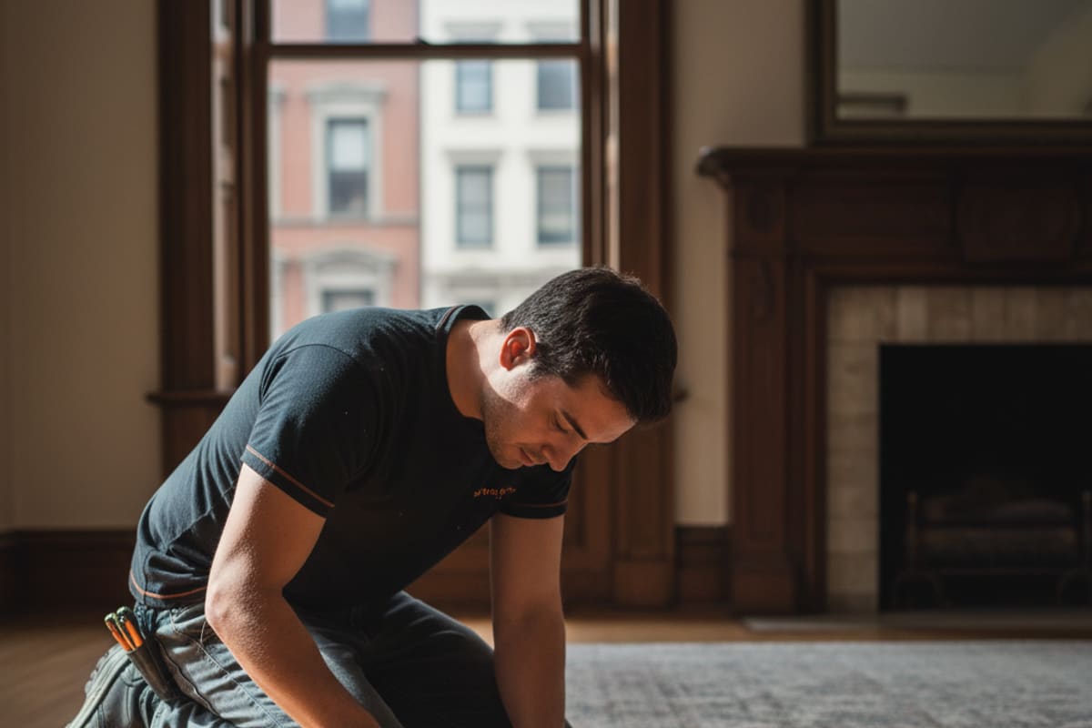 A skilled technician performing floor scratch repair on a beautiful wooden floor.