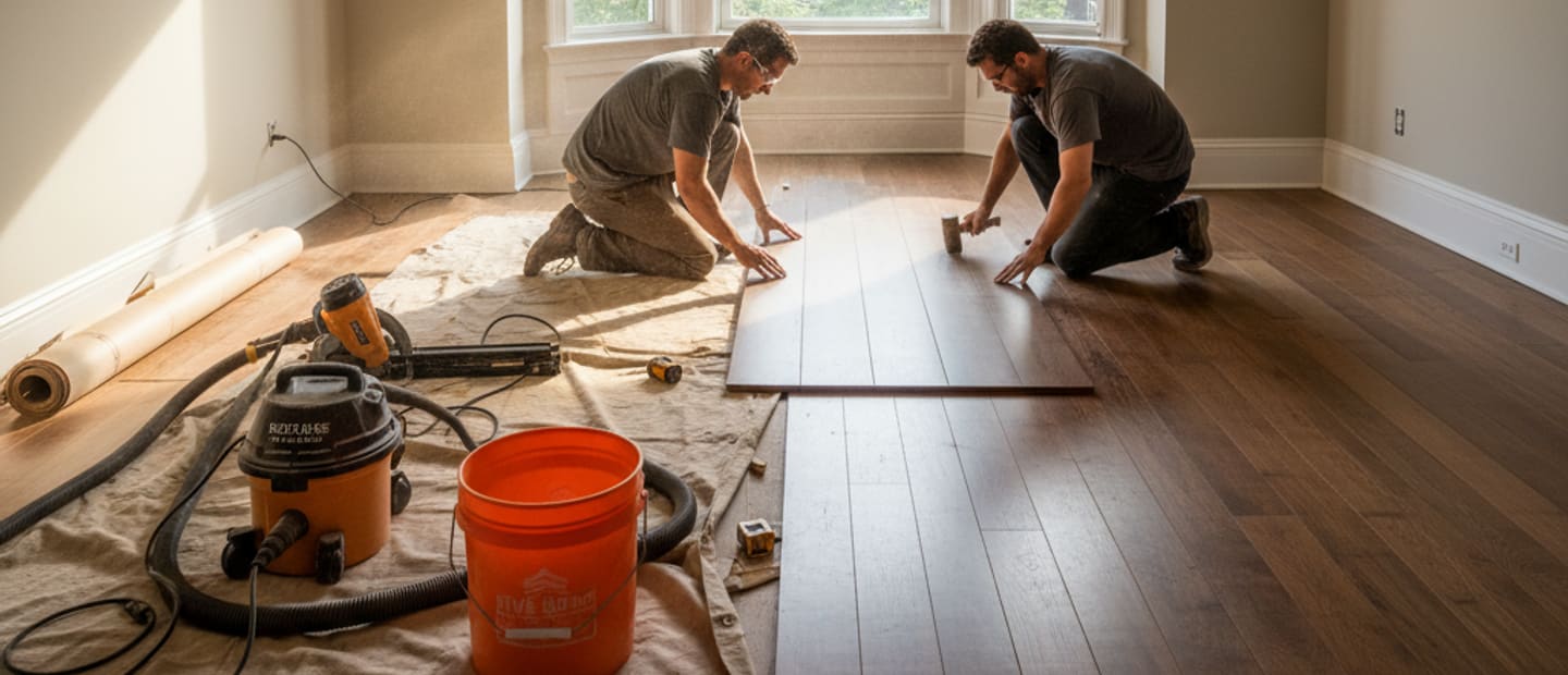 Spacious, modern living room with new hardwood floor installation, ready for furniture