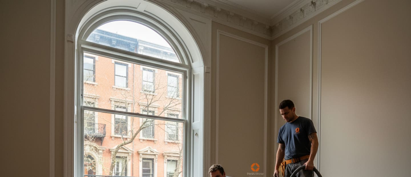 A luxurious, shiny hardwood floor after professional maintenance, showing reflections from a bright window.