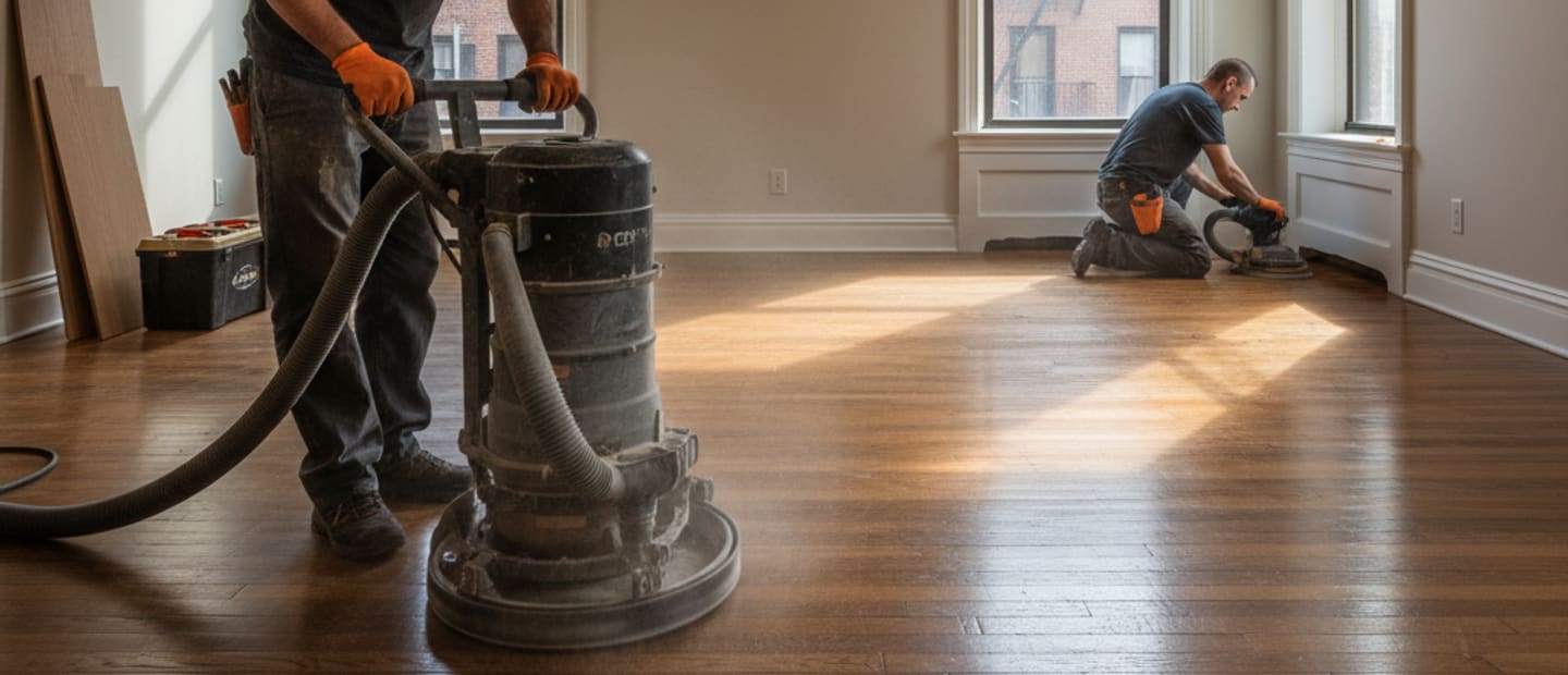 A beautifully refinished hardwood floor glowing with a luxurious, flawless finish in a New York City home.