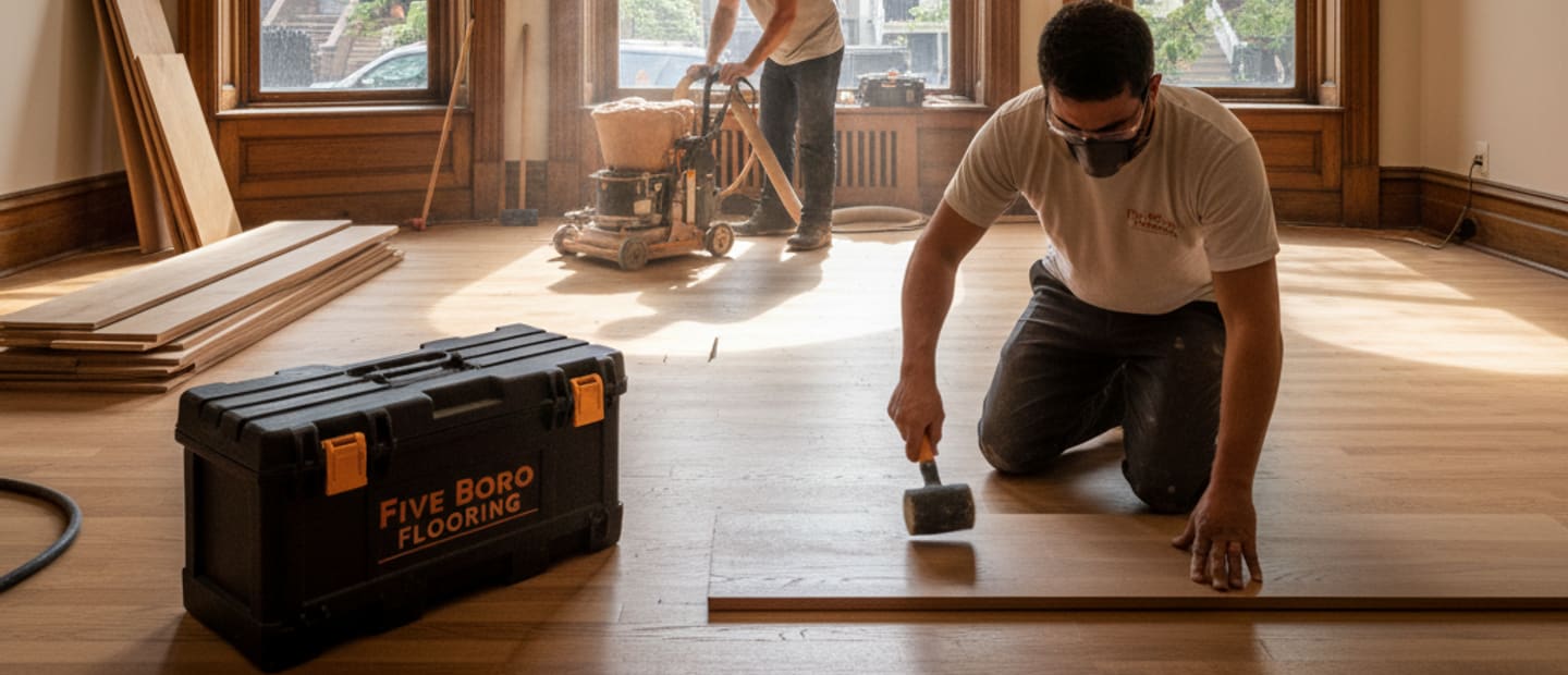 Elegant new hardwood floor installation completed in a spacious, sunlit Brooklyn living room.
