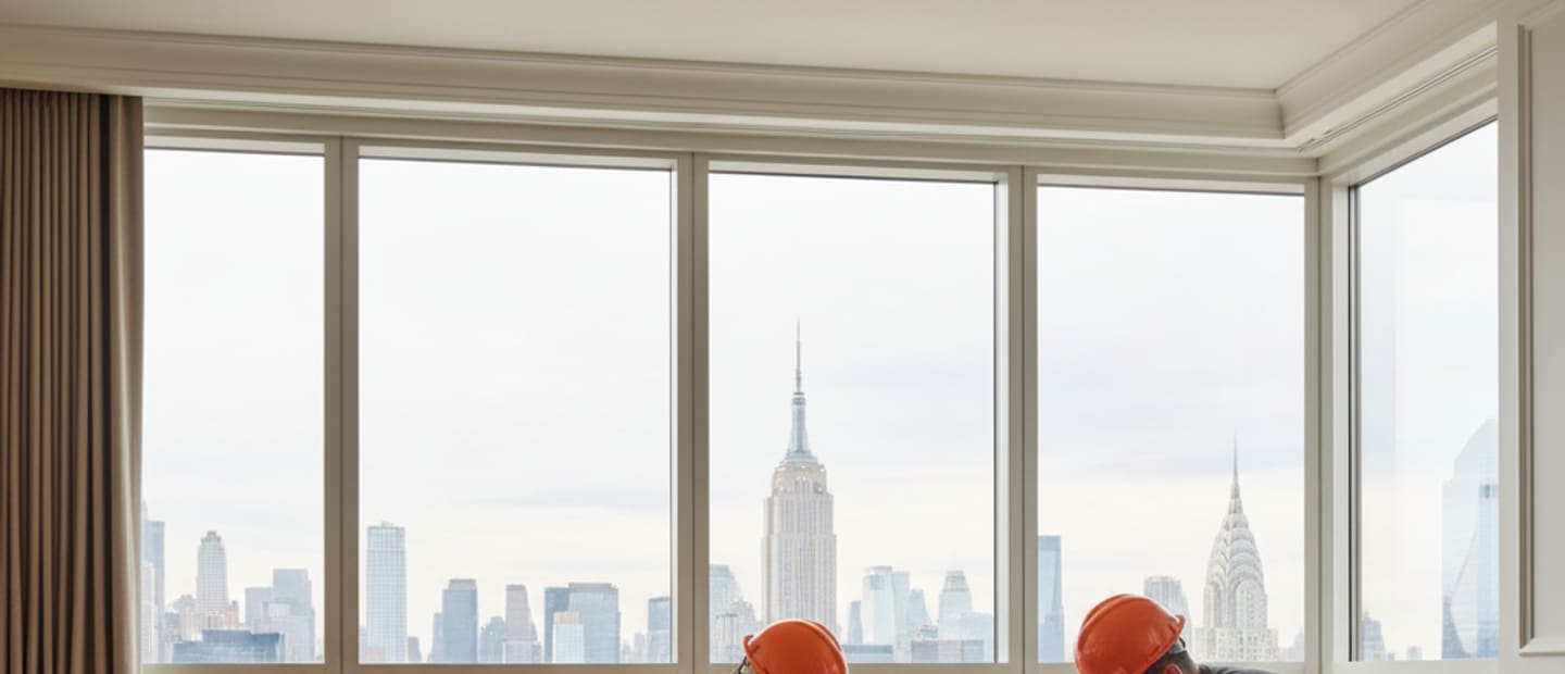 Stunning living room with newly installed hardwood floors overlooking the Manhattan skyline.