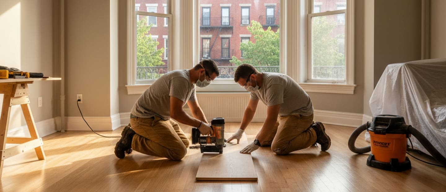 Newly installed wide plank hardwood floor in a spacious, sunlit living room in Queens, with a flawless finish.