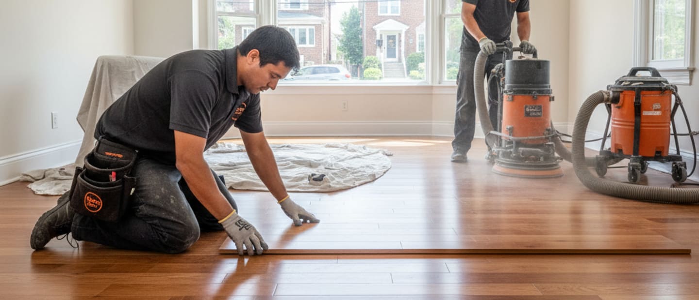 Newly installed gleaming hardwood floors in a Staten Island home living room with natural light