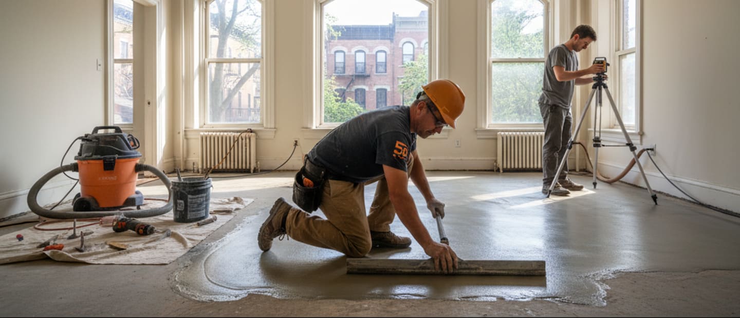 Expert craftsmen precisely leveling a subfloor in a Bronx home with specialized equipment.