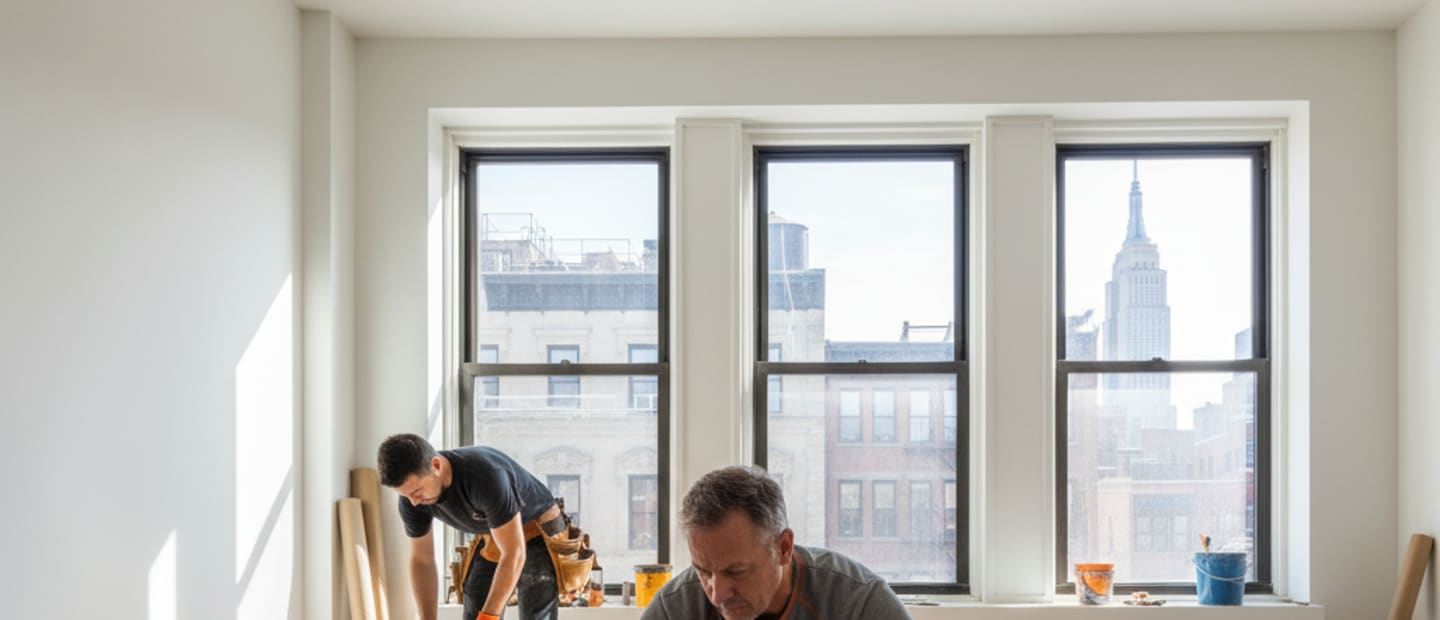 A skilled craftsman expertly performing floor leveling on a subfloor in a modern Manhattan apartment.