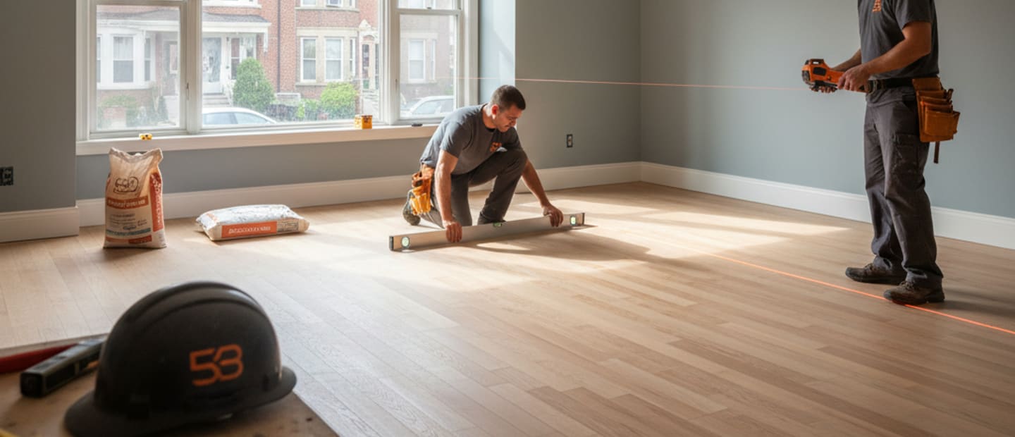 Newly leveled subfloor ready for hardwood installation in a Queens home.