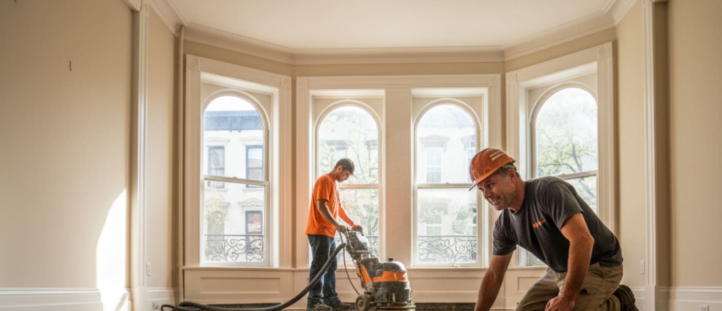 A clean, glossy hardwood floor extending through a sunlit, modern living space in a Brooklyn brownstone.