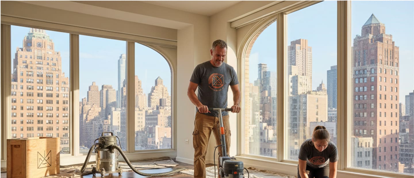 A thoroughly maintained hardwood floor gleaming in a Manhattan apartment