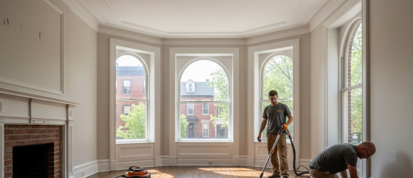 Wide shot of a beautifully refinished hardwood floor in a bright, elegant Bronx living room.