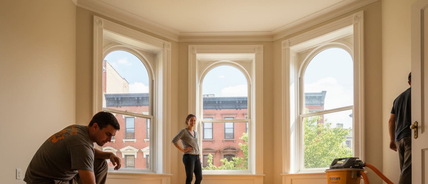A wide shot of a freshly refinished hardwood floor reflecting light in a spacious, sunlit Brooklyn living room.
