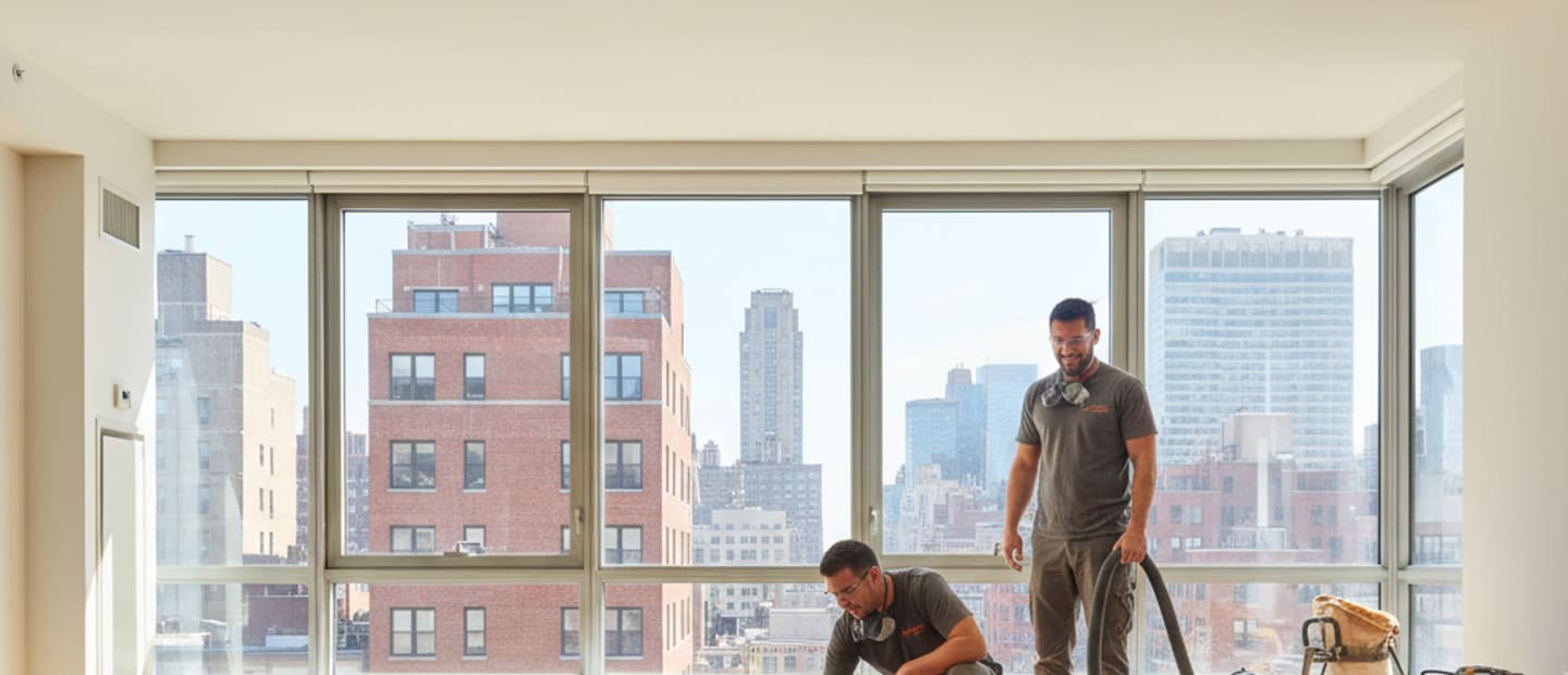 Newly refinished hardwood floor in a modern Manhattan apartment, reflecting light with a flawless finish.