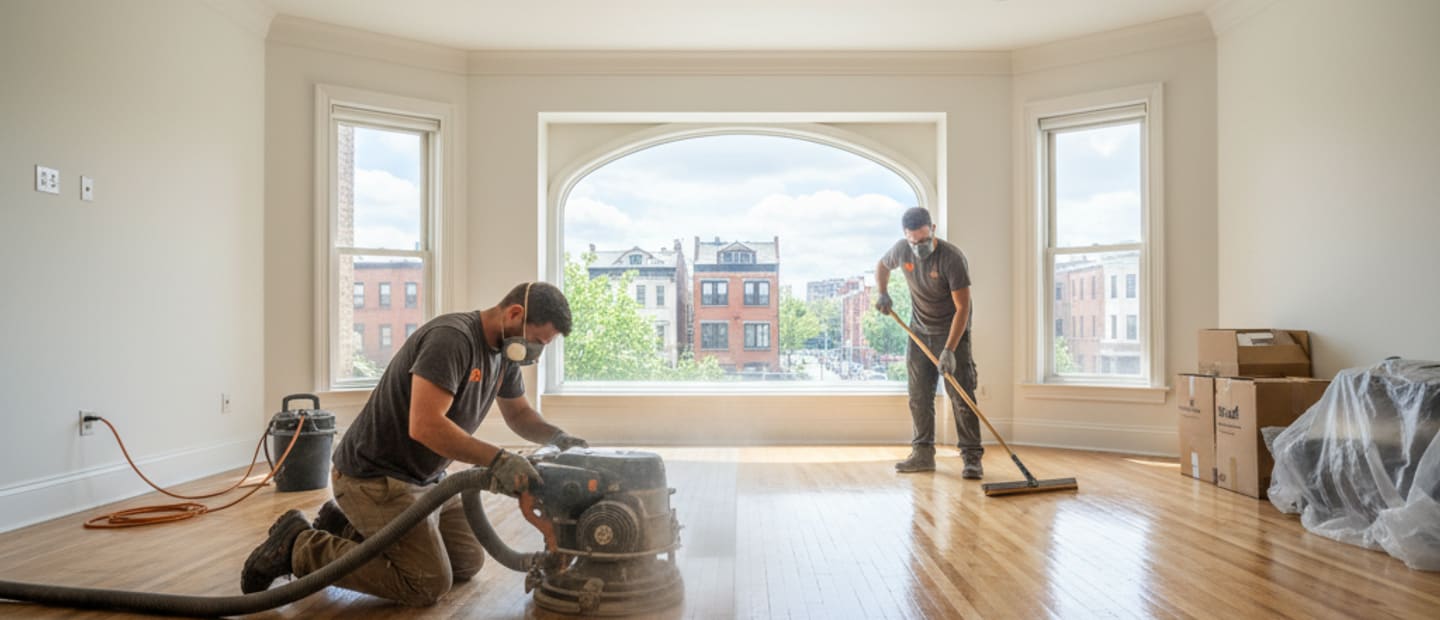 Beautifully refinished hardwood floor in a bright, modern living room in Queens.