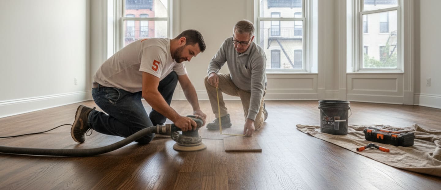 Elegant hardwood flooring with natural light, highlighting a perfectly repaired and refinished section in a...