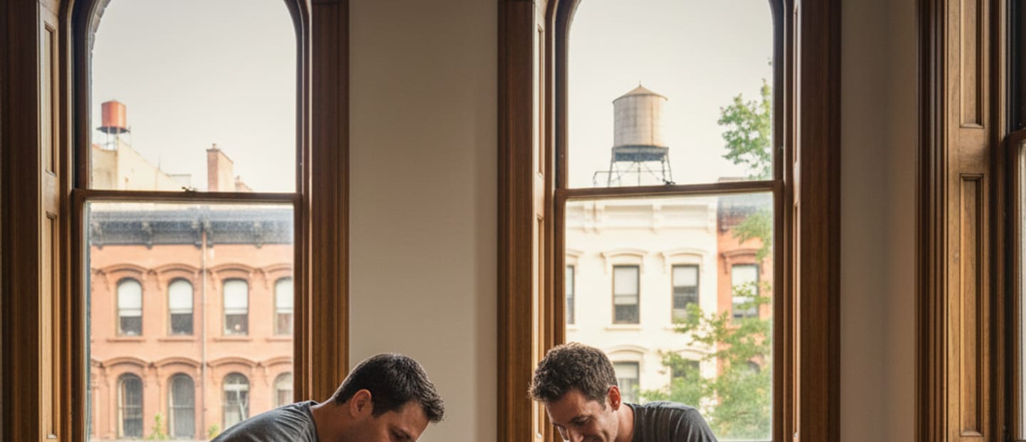 Expert craftsmen repairing a hardwood floor in a historic Brooklyn brownstone.