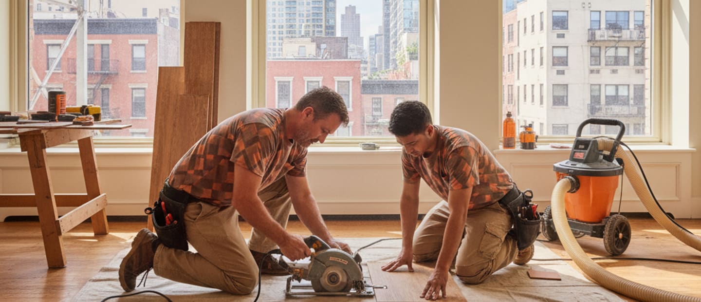 Professionals repairing hardwood floors in a Manhattan apartment with city views
