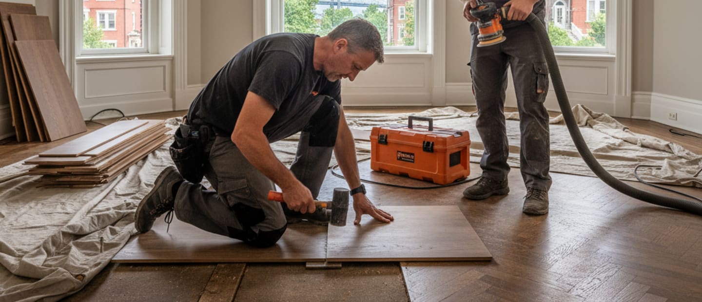 Skilled craftsmen repairing hardwood floor in a Staten Island home, ensuring precision and quality.