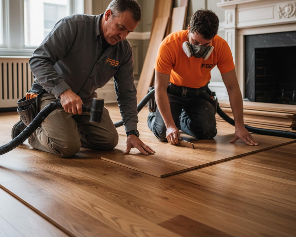 Craftsmen carefully installing individual hardwood planks, focusing on precision