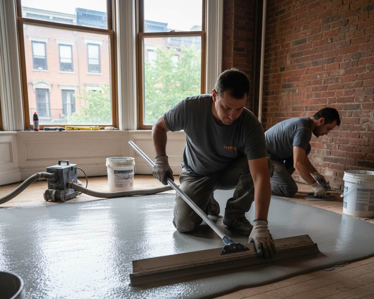 A craftsman applying floor leveling compound to a subfloor, creating an even, stable base for new flooring.