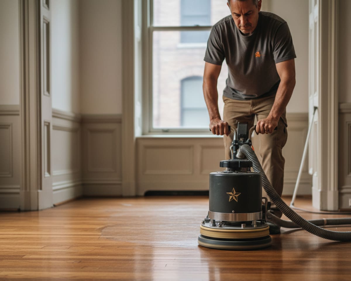 Technician using a specialized buffer machine for floor polishing on a hardwood surface to enhance shine.