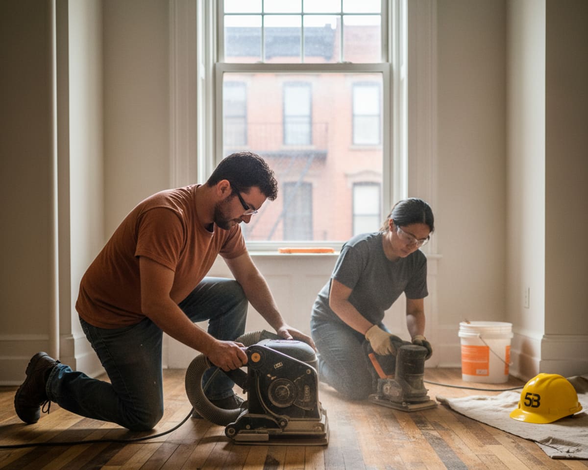 Craftsmen thoroughly sanding hardwood floors with a dustless system, preparing for a new finish.