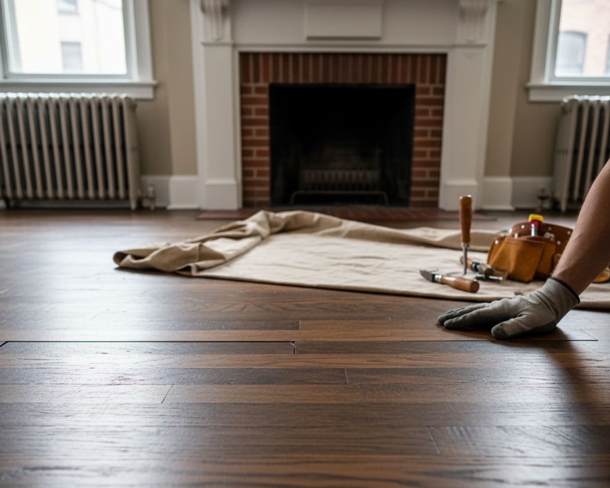 Close-up of a perfectly repaired hardwood floor section, blending smoothly with the surrounding wood.
